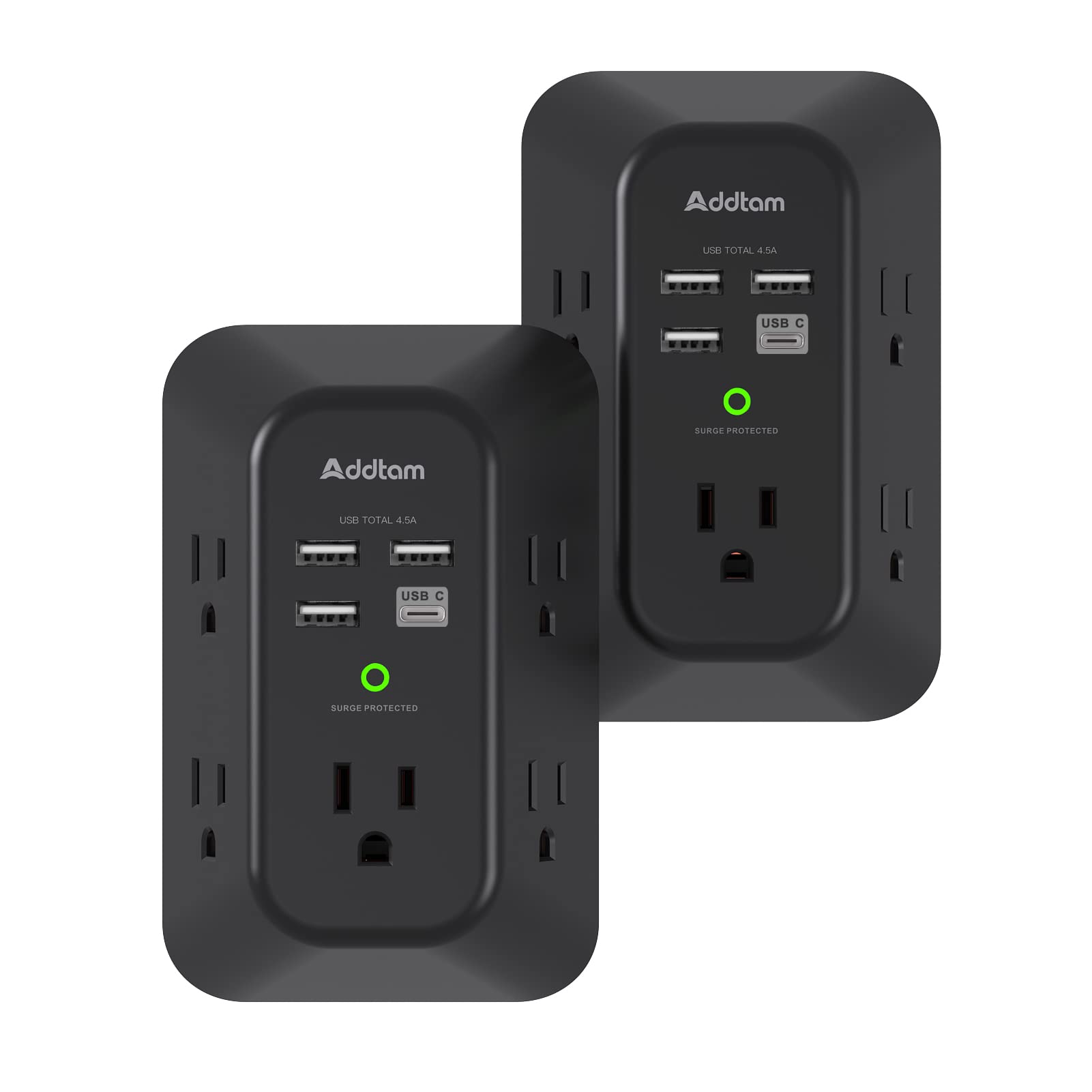 Addtam USB Wall Charger Surge Protector 5 Outlet Extender with 4 USB Charging Ports (1 USB C Outlet) 3 Sided 1800J Power Strip Multi Plug Outlets Wall Adapter Spaced for Home Travel Office ETL Listed